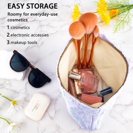 ZLFSRQ Flower Makeup Bag for Women Girls Teens Travel Cute Floral Cosmetic Bags Large Zipper Cosmetic Pouch Purse Portable Toiletry Bag Aesthetic Embossed Blue Purple Makeup Brushes Storage Organizer