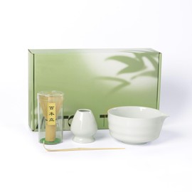 CliffMist - Juego de té verde orgánico de grado ceremonial con batidor de bambú, cuchara y tazón, auténtico kit de matcha para té tradicional o latte (blanco)