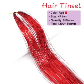 MISSUHUI Hair Tinsel Kit With Tools 47Inch 1200 Strands Glitter Tinsel Hair Extensions Sparkling Shiny Hair Tinsel Strands Kit Heat Resistant for Women Girls Kids 6Pcs (Red)