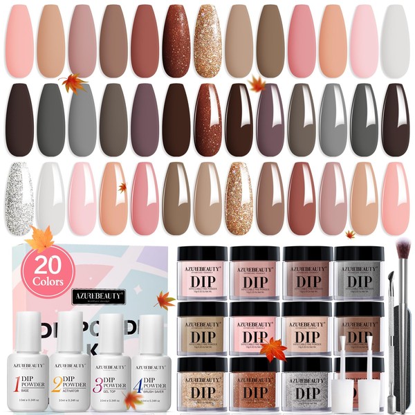 29 Pcs Dip Powder Nail Kit Starter, AZUREBEAUTY 20 Colors Classic Brown Nude Collection Glitter Neutral Chocolate Skin Tone Dipping Powder Liquid Set with Top/Base Coat French Nail Art Manicure Gifts