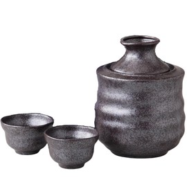 Ale-net Sake Tanker, Cold Sake Potter, Tokuri Hot Sake, 4.8 fl oz (140 ml), Black Silver Sake Tanker, with Warming Device (Small), Includes 2 Cups, Pottery, Mino Ware