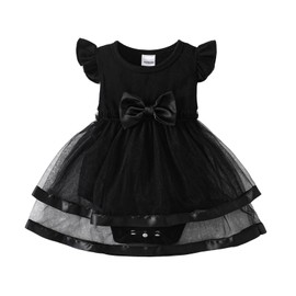 SOBOWO Newborn Infant Baby Girl Romper Dress Tutu Ruffle Long Sleeve Tulle Solid Onsies Dresses Fall Outfits with Headband(3-6 Months, Black Short Sleeve)