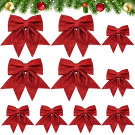 SEPGLITTER Christmas Bow, SEPGLITTER 10 Packs Red Christmas Bows Large Bow Christmas Tree Decorations Glitter Christmas Wreath Bow, 24 x 21 cm + 15 x 12 cm