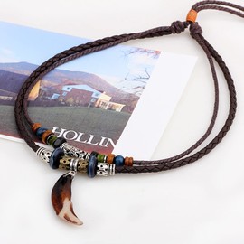 Aabellay Men Leather Tribal Necklace Vintage Bohemian Style Double Layers Braided Beaded Pendant Necklace Boho Hipppie Ethnic Wooden Tooth Rope Beads Choker for Women and Men - WT