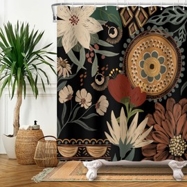 DASHAN Boho Floral Shower Curtain, Dark Vintage Shower Curtains for Bathroom, Retro Moody Bath Curtain, Abstract Botanical Bathroom Curtain Decor Chic Flowers Fabric Shower Curtain 72"x72"