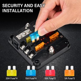 6 Fach kfz Sicherungshalter Sicherungskasten 12 Volt, 12V Flachsicherungshalter mit Schutzabdeckung, Sicherungsblock mit LED-Anzeige, 10 Flachsicherungen, für Auto LKW Boot VAN SUV Marine Fahrzeug