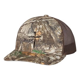Christian Redeemed Cross Nails Mens Embroidered Mesh Back Trucker Hat, Edge Camo/Brown