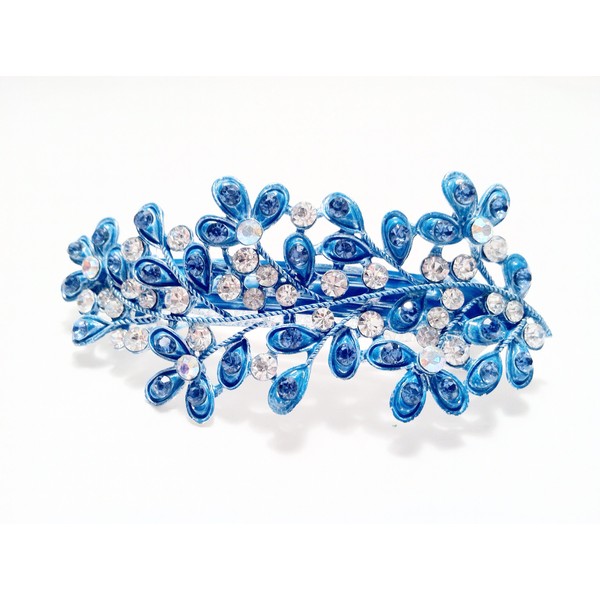 Branched leaf design hair clip Barrette style, blue with diamond and crystal accents