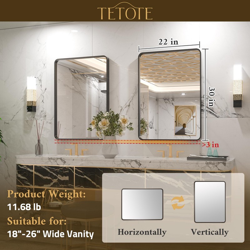 TETOTE Black Framed Mirrors for Bathroom, 2 Inch Thick Frame