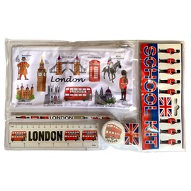 Souvenirs London Pencil Case with Pencil, Sharpener, Ruler & Union Jack Eraser - Red Bus Telephone Box Tower Bridge Big Ben - UJ British School Kit