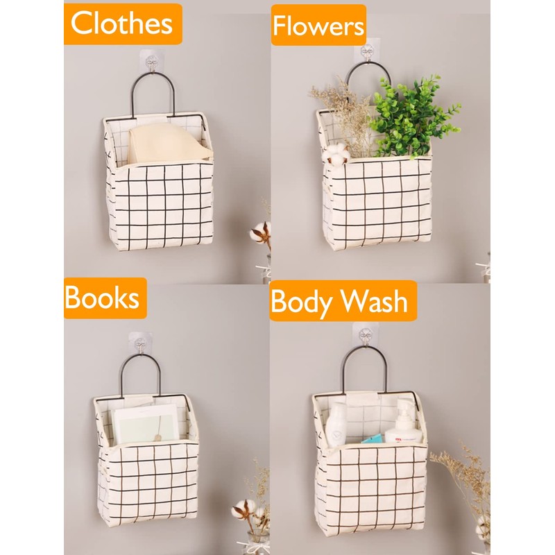 BieFuSin 2Pcs White Plaid Fabric Wall Hanging Storage with Hook,
