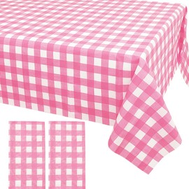 Soulnioi 2 Pack Pink and White Checkered Disposable Table Cloth Table Covers(137x274cm), Rectangular Tablecover Plastic Tablecloths for Picnic, Birthday Parties, Wedding, Christmas, Baby Shower