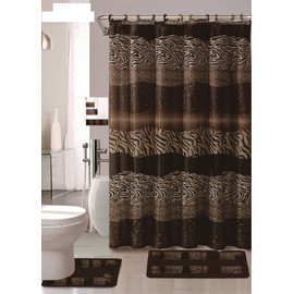 AF 18 Piece Bath Rug Set Leopard Brown Bathroom Rugs Zebra Shower Curtain Mat/Rings Towel Set- Animal Coffee