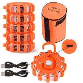 Vancle USB C Rechargeable LED Road Flares Emergency Lights Roadside Warning Car Traffic Safety Beacon Flashing Disc Flare Kit Strobe with Magnetic Base for Construction Vehicles Truck Boat, 6 Pack