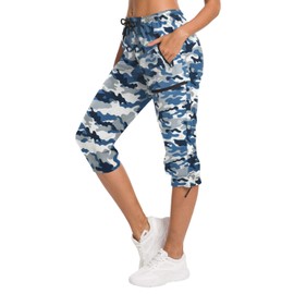 ChinFun Women's Hiking Capris Pants Outdoor Quick Dry Cargo Cropped Pants Water Resistant Sun Protection UPF 50+ Navy & Blue Camo Size XL