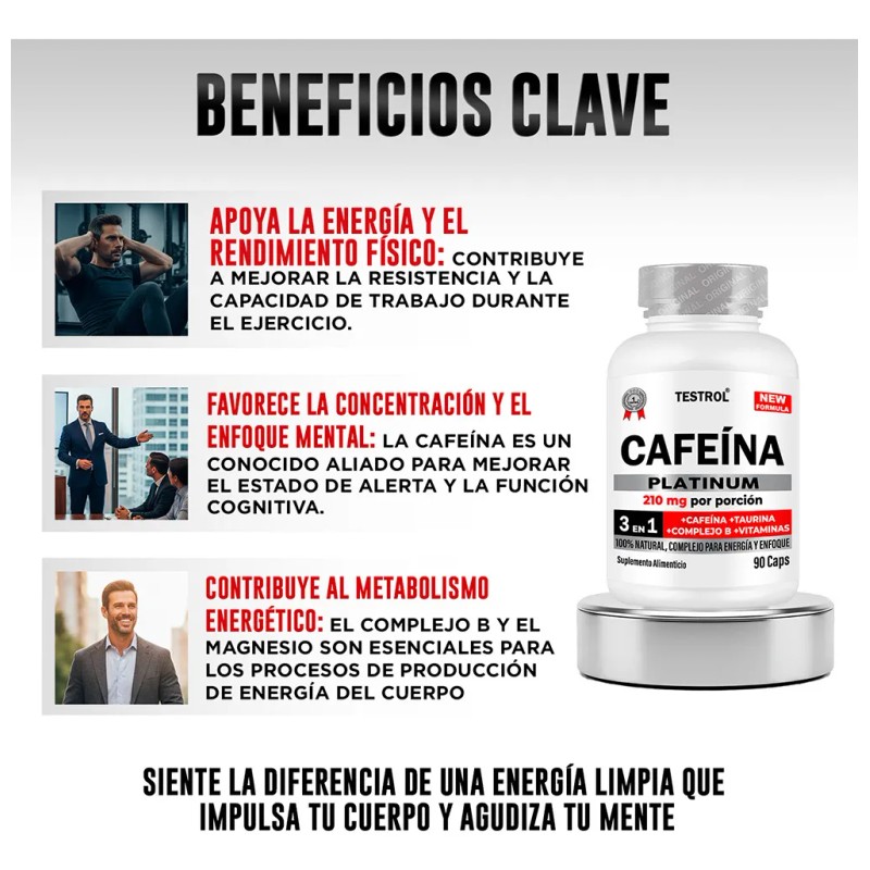 Cafeína 210 Mg | Testrol Platinum | 90 Cápsulas Sin