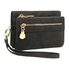 REETEE Women's Purse, Small Purse, PU Leather Purse, Women's Many Compartments, Women's Purse with 10 Card Slots and Removable Wrist Strap, Wallet for Women, Zip Coin Compartment, black, Retro