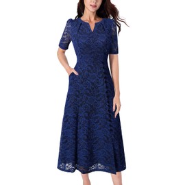 VFSHOW Womens Dark Blue Floral Lace Pockets Notch V Neck Buttons Front Split Cocktail Party Slim A-Line Midi Dress 10337 BLU XS