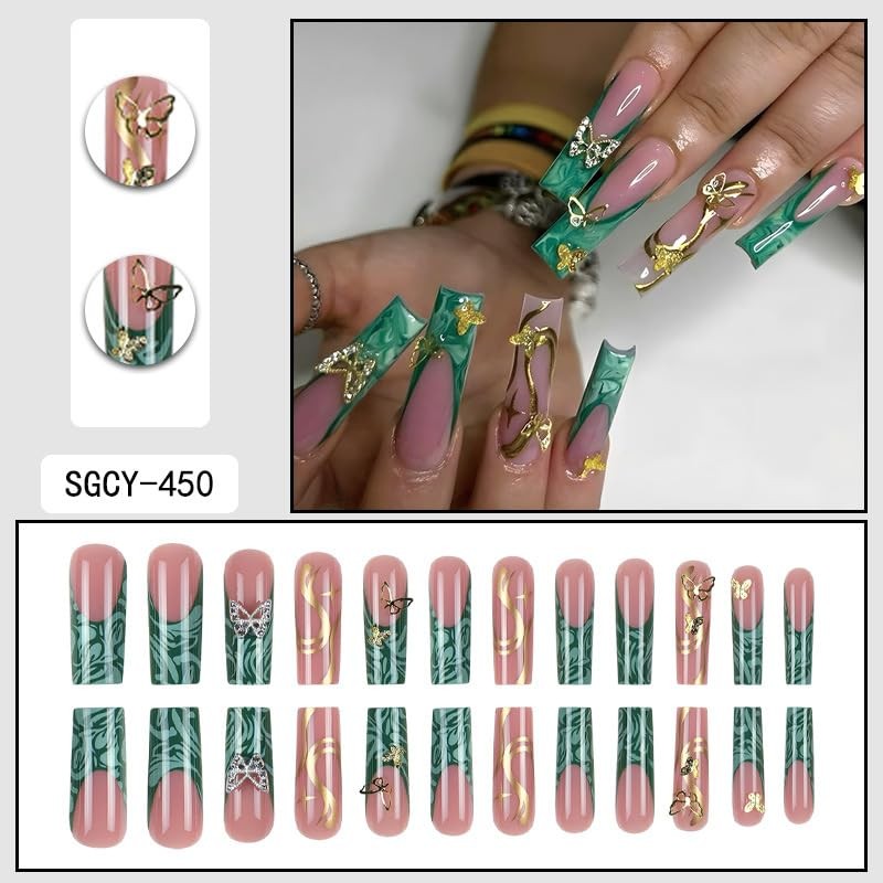 SEENEEY Uñas Postizas Cuadradas Largas Con Punta Francesa, Uñas Artificiales