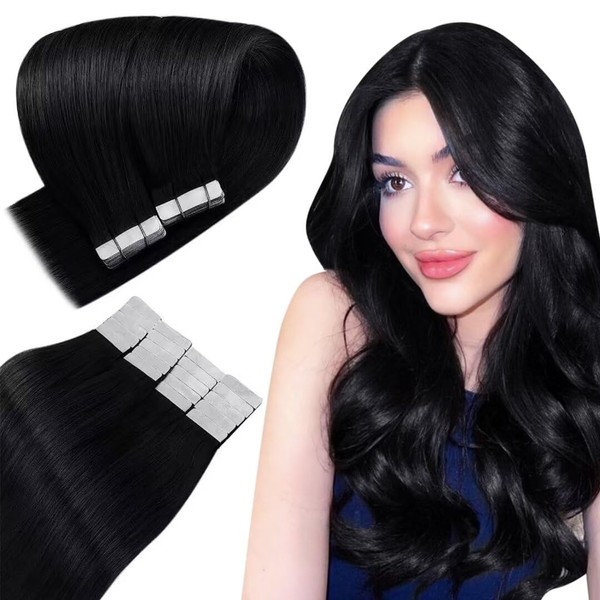 Easyouth Tape-On Real Hair Extensions, Seamless Glue-In Hair Extensions, Jet Black, Double Side Tape-In Hair Extension, Real Hair, #1