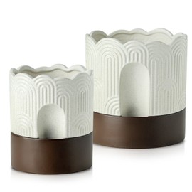 Nihow Self Watering Plant Pot Set: 6 Inch & 8 Inch Ceramic Planter with Drainage Hole & Water Storage Plus - Relief Design Self Watering Pot for Indoor Plants - Beige & Brown Flower Pot -Set of 2