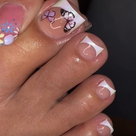 Press on Toenails Butterfly Fake Toe Nails with Designs French Tip False Toe Nails Stick on Toenails Glossy Full Cover Acrylic Artificial Glue on Toe Nails for Women Toe Nails Art Decoration 24 Pcs