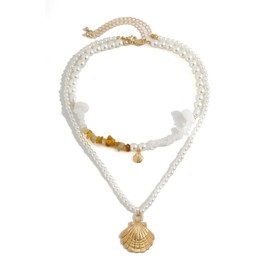 Bohemian Beach Charm Necklace for Women Imitation Pearl Gold Plated Layered Sequins Conch Starfish Shell Choker Stacked Beach Jewelry Holiday Summer Beaded Necklace Set Gifts-H