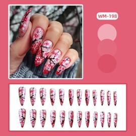 24Pcs Flower Press on Nails Long Length Pink Peach Blossom Pattern Design Full Cover Glossy Almond False Nail Spring Artificial Fake Nails Reusable Almond TipPress Ons Stick on Nail for Women