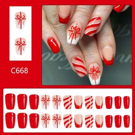 Christmas Press on Nails Medium Coffin Fake Nails with Gifts Design Red French tip Glue on Nails Swirl Stick on Nails Winter Xmas False Nails for Women Girls Holiday Manicure 24pcs