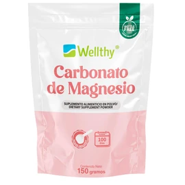 Wellthy Carbonato de Magnesio 150g. Porción equivalente a 375mg de Magnesio, 100 Porciones de 1.5g con Scoop Incluído, Bottle Free.