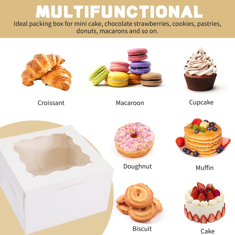 30pcs Cookie Boxes with Window, 6x6x3 Inches White Bakery Boxes,