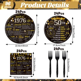 Refavor 50th Birthday Decorations for Men Women, 96PCS Birthday Party Plates and Napkins Forks Supplies, Black and Gold Over the Hill Birhday Disposable Party Tableware Decor (24 Guests)