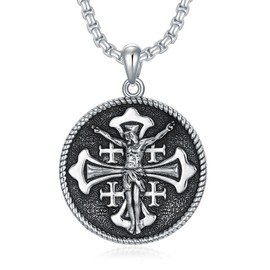 MEIDERBO Jesus Necklace for Men 925 Sterling Silver Jerusalem Cross Pendant Jewelry for Birthday Christmas, 23.8*23.8mm, Sterling Silver, No Gemstone