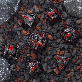 RULE DICE Metal DND Dice Set, 7pcs Hollow Jeweled Eyes Metal D&D Dice Set, 70 Natural Gemstones Hand-Set Collector's Grade DND Dice Set, Suitable for Role Playing Game D & D Dice (Golden and Ruby)