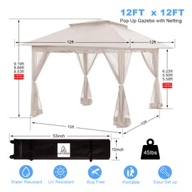 MAOO 12'X12' Outdoor Gazebo, Pop Up Patio Gazebo with 4 Sidewalls Mosquito Netting, Heavy Duty Gazebo Canopy Tent with Double Air Roofs for Backyards, Patios, Decks, Gardens, Parks (Beige)
