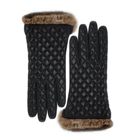 VIKIDEER Winter Warm Cashmere Lining Rabbit Fur Cuffs Leather Gloves for Women Touchscreen Cashmere Lined Black Smaller Medium