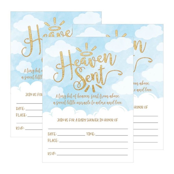25 Blue Gold Boy Heaven Sent Clouds Baby Shower Invitations, Cute Celestial Angel Printed Fill or Write in The Blank Invites, Shabby Chic Unique Custom Coed Themed Party Card Stock Paper Supplies