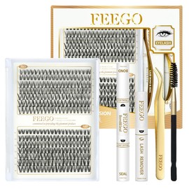 FEEGO 200D Lashes Extension Kit Thick Eyelash Extension Kit 10-20mm Lash Clusters Individual Eyelashes Kit With Lash Bond and Seal D Curl Cluster Eyelash:_Charming Kits 2030D