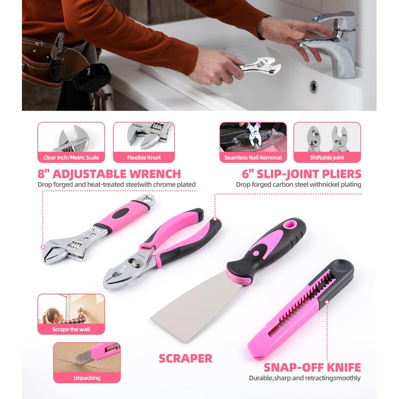 URASISTO Pink Household Tool Set with 3.6V USB Electric Screwdriver,