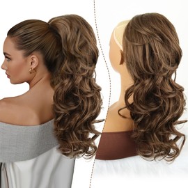 Mayouda Ponytail Extension, 18 Inch Long Chocolate Brown Wavy Drawstring Ponytail Hair Extension for Women Clip in Hairpiece Fake Pony Tails Hair Synthetic Extensions