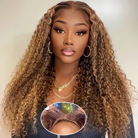 Wear and Go Glueless Wigs Human Hair Pre Plucked Pre Cut Highlight Ombre 4/27 Deep Wave Curly Wet and Wavy Lace Front Wigs for Black Women 5x5 HD Lace Closure Wigs (honey blonde 4/27, 28)