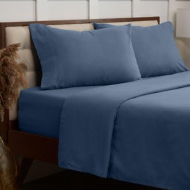 Mellanni Cotton Flannel Sheet Set - Double Brushed for Added Softness & Comfort - Deep Pocket Fitted Sheet up to 16" - 4 Piece Set (King, Blue)