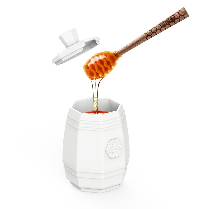 Prepara Ceramic Honey Pot and Dipper Set, Wood/Silicone