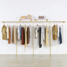 WJJAYY Wall Mounted Gold pipe clothing rack with 3 T-Bar Design and Nano Gold Finish with 2 Wooden Shelves Heavy Duty Wall Mounted Gold Iron Garment Bar for Retail Display and Closet Storage