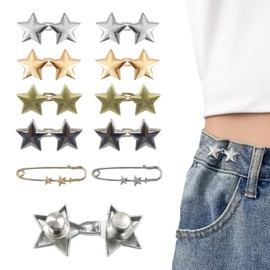 Auiremrti Set of 10 Trouser Waistbands, Star Buttons Pins for Wide Jeans, Reusable Waist Cincher Clip, Metal Star Brooch for Clothing, Dresses, Skirts, No Sewing