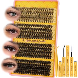 320PCS Lash Clusters 30+40+50+60D Lash Extension Kit Mixed Length 10-16mm, Thick Eyelash Clusters with Bond And Seal Lash Glue and Lash Tweezers Easy DIY at Home (30+40+50+60D KIT)