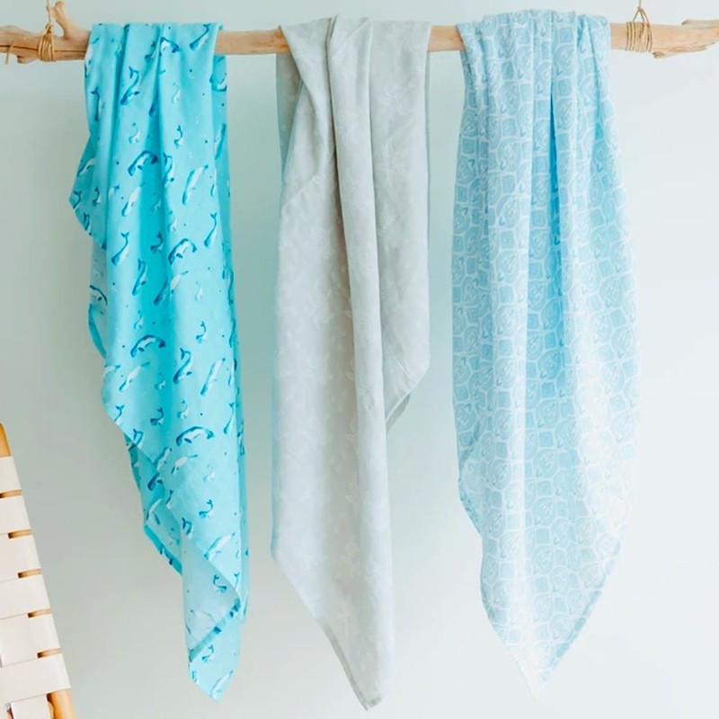 Organic Cotton Muslin Swaddle - Watercolour Whales Aquatic Blue