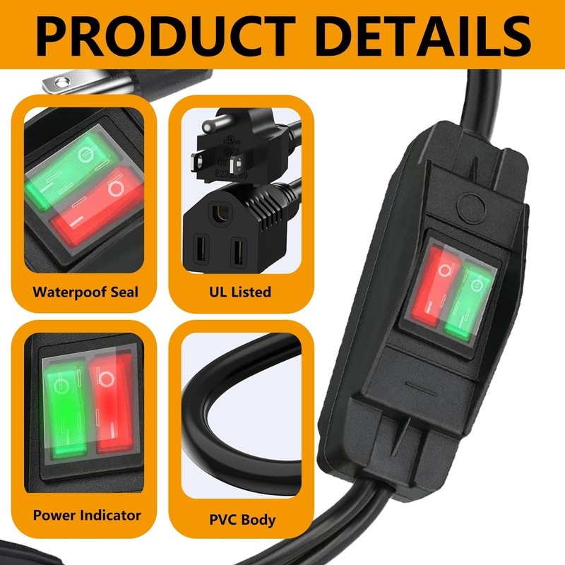[UL Listed] 2 Way Extension Cord with On/Off LED Switch,