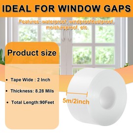 Window Weather Sealing Tape 2 Inch x 90 FT Weather Stripping Residue-Free Window Seal Insulation Tape for Doors Windows and Shower Glass Gaps White