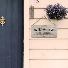 Wall Pediments Shoes Off Sign,Shoes Off Sign for Front Door,Since Little Fingers Touch Our Floor Door Sign,Shoes Off Hanging Welcome Sign for Front Door,12x6 Inches，Wood Grain-6